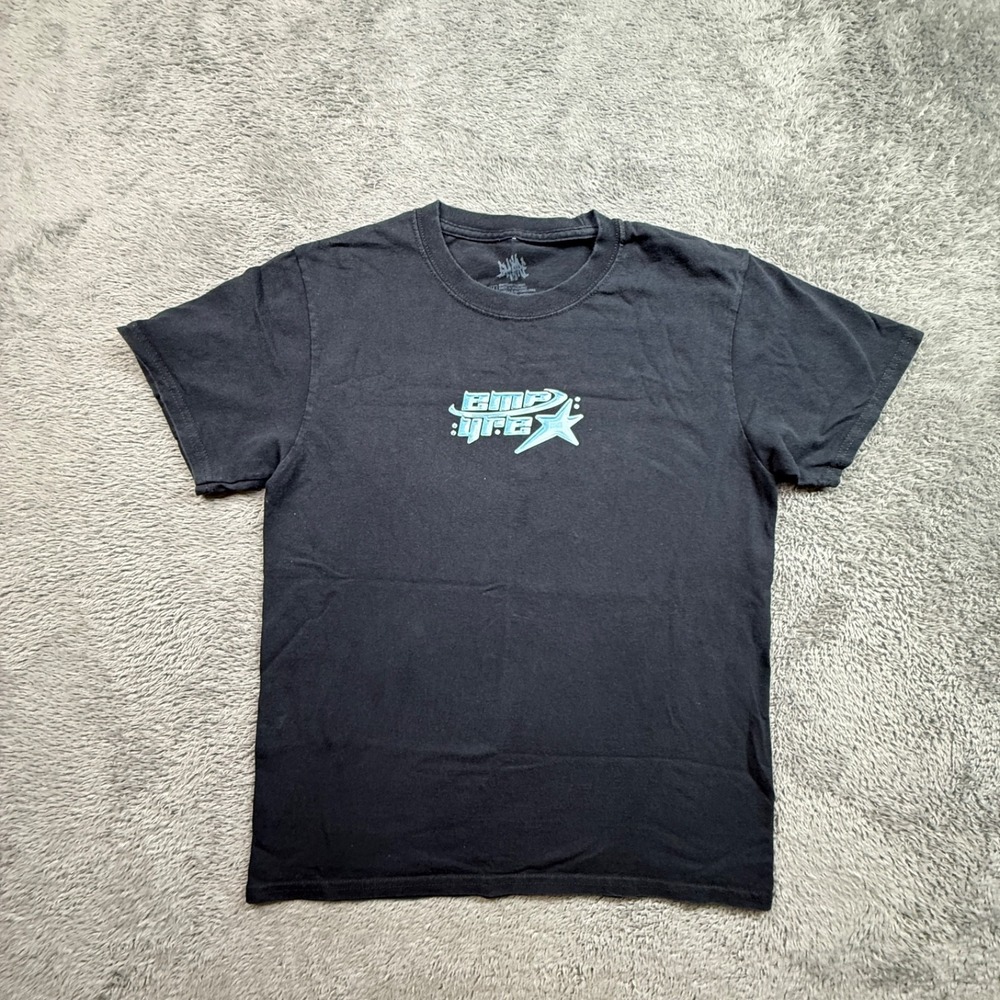 Empyre Y2K Retro Script Font Logo Womens L Black Tee Shirt 100% Cotton Crew Neck
